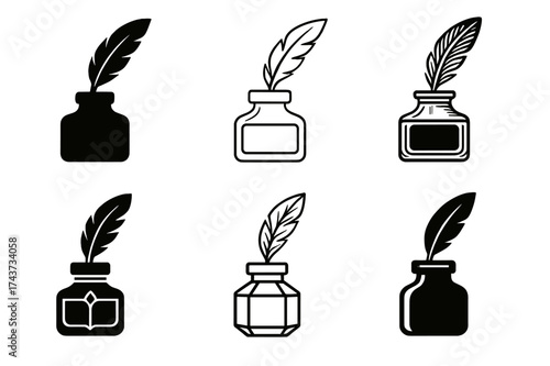 Creative Ink Bottle Logos. Literature and writing sections for creative minds. Set Logo of ink bottle: vintage bottle with quill. harmonious logo variations of