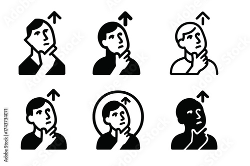 Emotion Logo Variations. A person with a thoughtful expression, looking up as if contemplating their thoughts. Set Logo of Emotion: upward gaze icon.