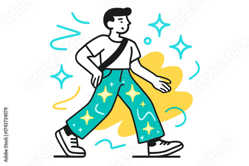 Glowing Denim Fashion. Casual Outfit. A person wearing glowing denim jeans with abstract floating stars and lines symbolizing comfort and trendiness. Modern