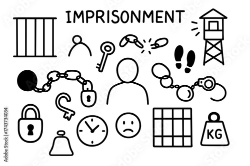 Imprisonment Icons Doodle. Imprisonment. Hand-drawn doodle illustration Imprisonment prison bars, chain, ball, lock, key, handcuffs, person silhouette, broken