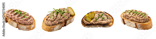 Set of isolated sandwiches with homemade chicken liver pate on white background  