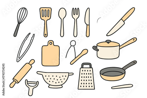 Colorful Kitchen Utensils. Kitchen Utensils. Hand-drawn doodle illustration kitchen utensils spatula (accented), whisk, ladle, spoon, fork, knife (accented),
