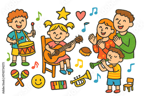 Kids' Musical Jam. Kids Making Music. Colorful Hand-drawn doodle Children illustration child with drum, child with guitar, child with flute, family clapping,