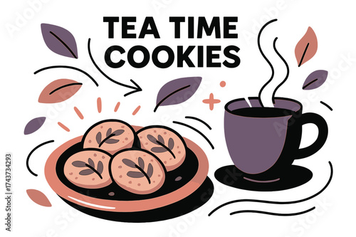 Herb Cookies Bliss. Tea time cookies. A glowing plate of herb cookies next to a steaming cup, abstract floating leaves and light trails emphasizing relaxation