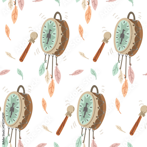 Pattern featuring tambourine musical instruments decorated with feathers. Flat color vector seamless. Objects inspired by Native American tribal culture. Ideal for textile design, cultural or musical