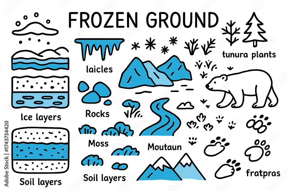 Naklejka premium Permafrost Doodle Art. Frozen Ground. Hand-drawn doodle illustration frozen ground permafrost (accented), snow, ice layers, rocks (accented), tundra plants,