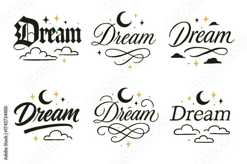 Dream Calligraphy Styles. Dream. Create a calligraphy lettering illustration of the phrase: Dream. Render 6