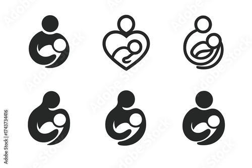 Family Logo Variations. Peaceful feeding moment. Set Logo of Family: nurturing parent icon. harmonious logo variations of the same emblematic concept, each