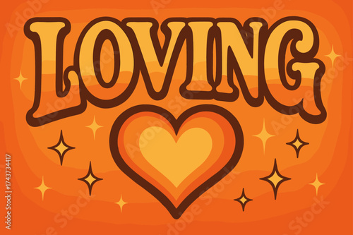 Retro 70s Vibe. Loving. 70s poster vibe, warm gradient fills, thick outlines, offset shadows, glowing sparkles