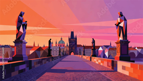 Illustration Of Charles Bridge With Historic Statues And Prague Castle In The Distance Against The Twilight Sky Vector Design Template