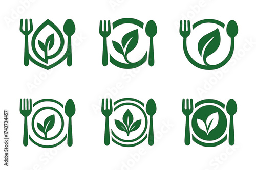 Leafy Plate Logos. Organic and plant-based food systems. Set Logo of leafy plate: plate with fork, spoon, and leaf. harmonious logo variations of the same