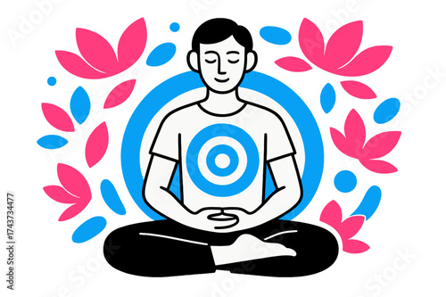 Glowing Meditation Aura. Meditation stillness. A figure seated cross-legged with glowing aura rings expanding outward. Floating lotus petals form abstract
