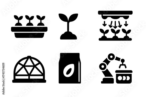 Space Agriculture Icons. Space Agriculture. Filled icon set of Space Agriculture: hydroponics tray, plant