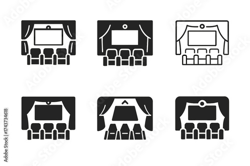 Home Theater Logo Grid. A home theater setup with comfortable recliners and a projector. Set Logo of A home theater setup with comfortable recliners and a