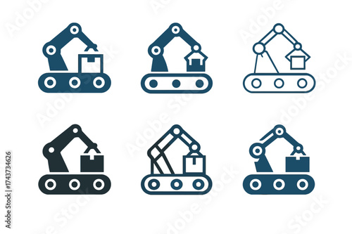 Diverse Logo Assembly. Equipment Assembly. Set Logo of Equipment Assembly: assembly line. harmonious logo variations of the same emblematic concept, each with