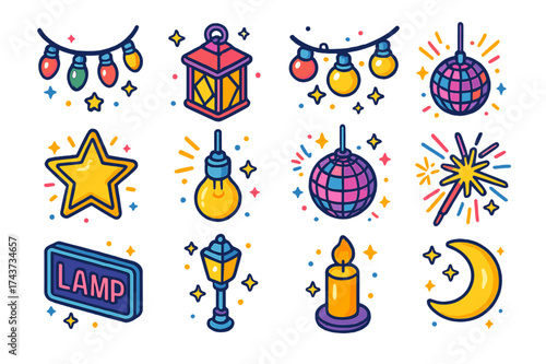 Colorful Festive Light Icons. Festive Lights. Colorful isometric vector icons set of festive lights: string lights, lantern, fairy lights, sparkler, glowing