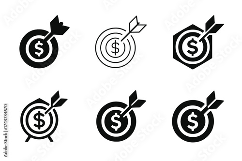 Startup Success Logos. Investing in startups. Set Logo of dartboard success: dart hitting target with financial symbol. harmonious logo variations of the same