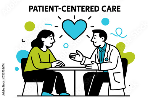 Empathetic Medical Dialogue. Patient-Centered Care. Doctor and patient sit together at a table, both leaning
