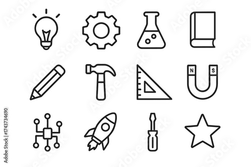 Inventor Icon Set. Inventor. Line outline icon set of Inventor: lightbulb, gear, flask, book, pencil, hammer,