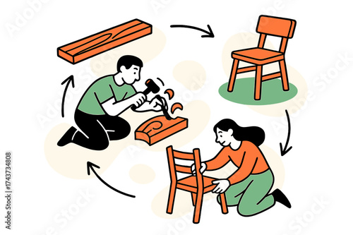 Furniture Creation Journey. Creative process. Floating stages of furniture creation: plank, carving, assembly, finished chair orbiting like planets. Abstract