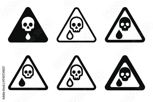 Warning Symbol Variations. Drain cleaning chemicals. Set Logo of warning symbol: skull and droplet inside triangle. harmonious logo variations of the same