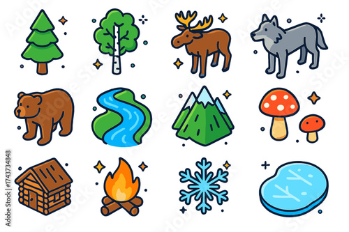 Taiga Icon Set. Taiga. Colorful isometric vector icons set of taiga: pine tree, birch tree, elk, wolf, bear, river, mountain, mushroom, log cabin, campfire,