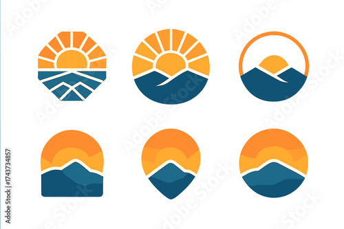Sunrise and Sunset Logos. Sunrise and sunset over natural landscapes. Set Logo of Sunrise and sunset over natural landscapes: Glacier horizon at
