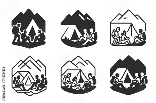 Mountain Hiking Logos. Friends hiking in the mountains, enjoying nature and the outdoors together. Set Logo of tent camp: hikers resting near pitched tent in