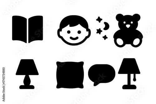 Storytime Icon Collection. Storytime. Filled icon set of Storytime: open book, child face, stars, moon, teddy