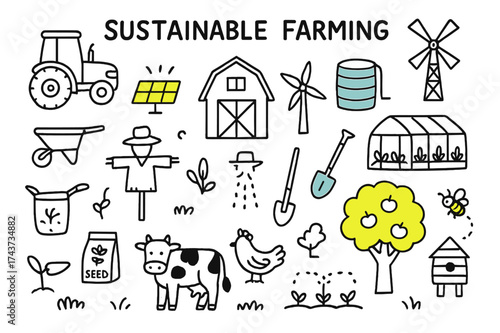Sustainable Farming Icons. Sustainable farming. Hand-drawn doodle illustration sustainable farming tractor, barn, windmill, solar panels (accented), rainwater