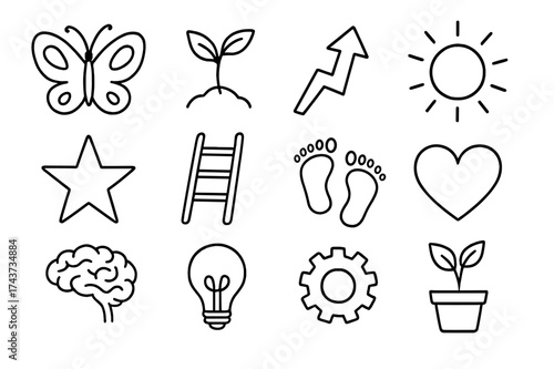 Transformation Doodle Elements. Transformation. Hand-drawn doodle illustration transformation butterfly, sprout, sun, star, arrow up, ladder, footprints,