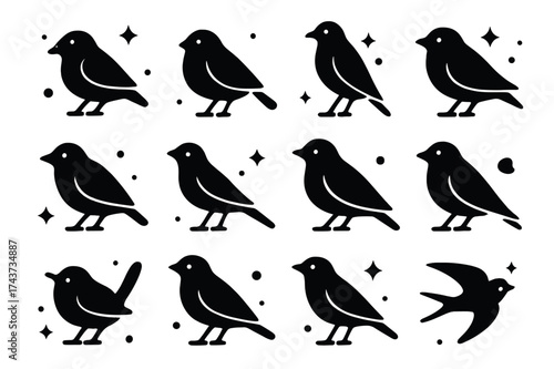 Songbird Icons Grid. Songbirds. Solid icons set of Songbirds: sparrow, robin, canary, nightingale, finch, lark, starling, blackbird, wren, thrush, warbler,
