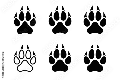 Wolf Track Logos. Animal footprints. Set Logo of wolf tracks: canine paw with sharp edges. harmonious logo variations of the same emblematic concept, each with