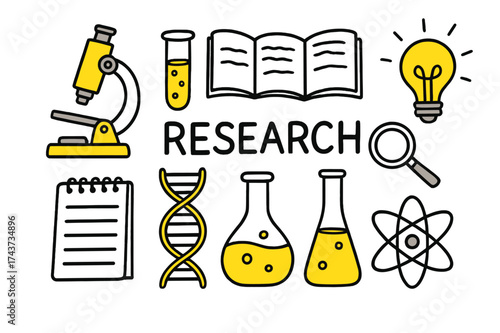 Scientific Doodle Highlights. Research. Hand-drawn doodle illustration microscope (colored), test tube, open book (colored), magnifying glass, DNA strand