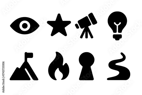 Visionary Icon Set. Visionary. Filled icon set of Visionary: eye, star, telescope, light bulb, mountain peak,