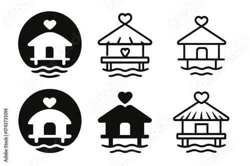 Overwater Bungalows Logo Variations. Romantic getaways and vacations. Set Logo of Romantic getaways and vacations: Overwater bungalow. harmonious