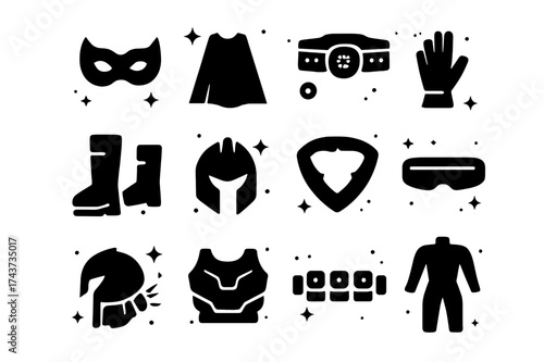 Superhero Icon Set. Superhero costumes. Solid icons set of mask, cape, utility belt, boots, gloves, emblem shield, helmet, armor chestplate, visor, laser