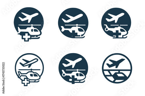 Aviation Rescue Logos. Helicopters and aircraft involved in rescue operations. Set Logo of Aviation: airborne emergency response icon. harmonious
