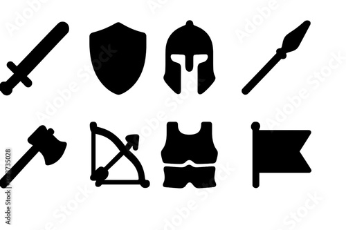 Warrior Icon Collection. Warrior. Filled icon set of Warrior: sword, shield, helmet, spear, battle axe, bow