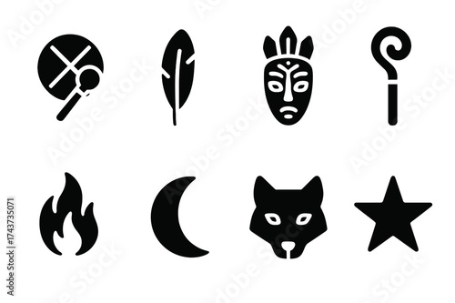 Shaman Icon Set. Shaman. Filled icon set of Shaman: drum, feather, mask, staff, flame, moon, animal spirit,