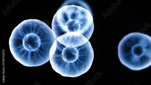 Blue circular cells seen under a microscope, showing translucent membranes and dark nuclei.