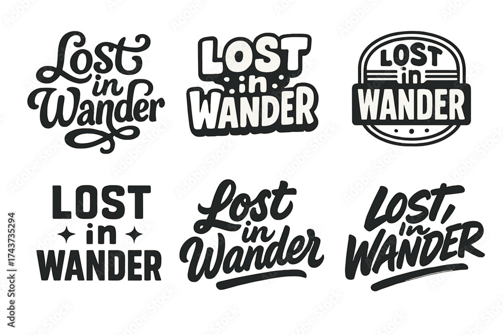 Fototapeta premium Creative Lettering Styles. Lost in Wander. Set lettering. harmonious lettering variations of the same emblematic concept, each with different