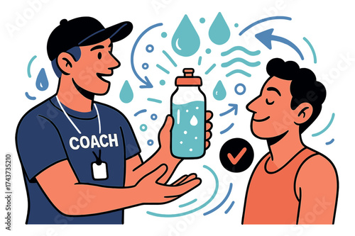 Dynamic Hydration Coach. Hydration reminder. Coach holding a glowing water bottle while digital droplets and