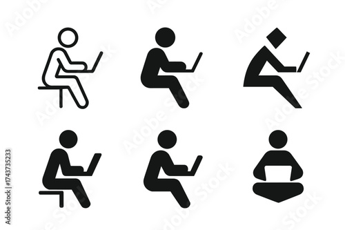 Digital Learning Logos. Students using laptops and tablets in classrooms. Set Logo of student with laptop: seated figure typing on device. harmonious logo
