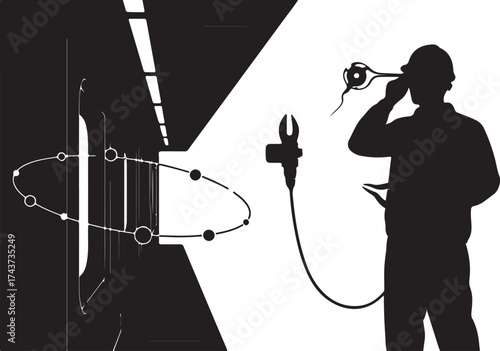 Silhouette of a person in a hard hat using a caliper to measure a circular object in a brightly lit industrial setting