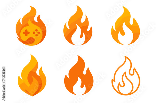 Digital Flame Logos. Game tournaments. Set Logo of digital flame: fire symbolizing competitive spirit in gaming. harmonious logo variations of the same