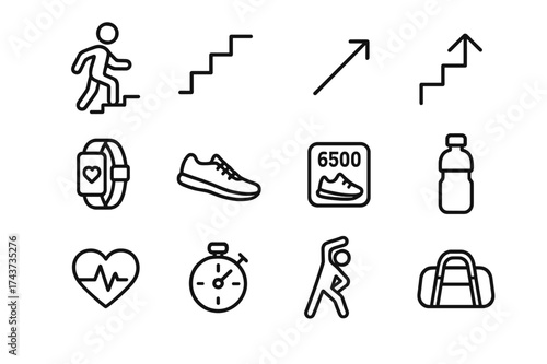 Stair Climbing Icons. Stair Climbing. Line icon set of Stair Climbing: person climbing stairs, staircase, upward arrow, fitness tracker, running shoes, step