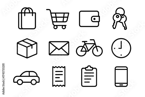 Errand Icons Collection. Running Errands for a Neighbor or Relative. Line icon set of Running Errands for a Neighbor or Relative: shopping bag, grocery cart,