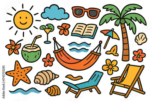 Tropical Beach Retreat. Relaxation. Colorful Hand-drawn doodle Children illustration Hammock, coconut, cocktail glass, palm tree, sun, waves, starfish,