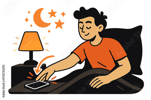 Bedtime Tranquility Scene. Bedtime routine. Person placing phone aside while glowing moon and stars icons